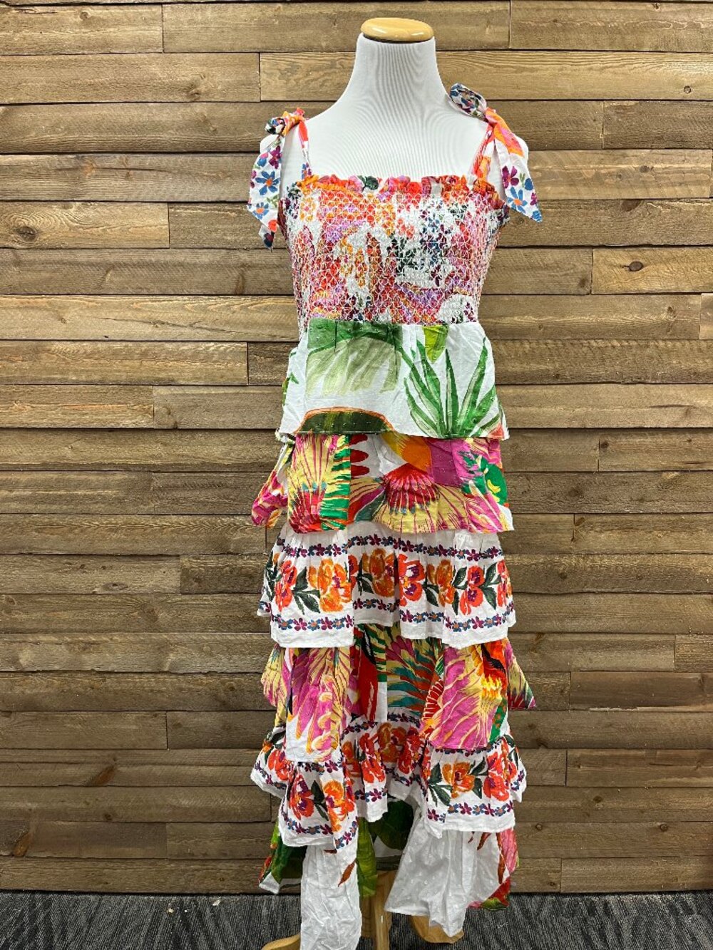 NWT FARM Rio tiered smocked boho multicolor tropical floral midi dress w/ ties - Picture 2 of 4